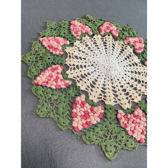 Handmade Crocheted Doily with Pink & Green Floral Design Vintage 14" Round - Picture 2 of 8